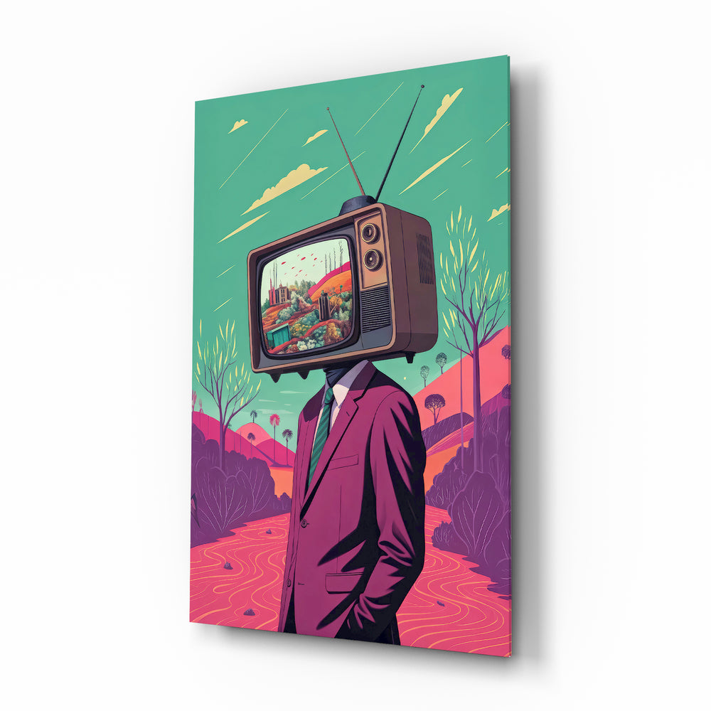 TV Head surreal glass wall art in a modern creative loft