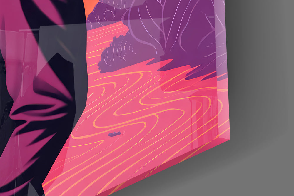 Close-up detail of the wooden TV head and pink landscape behind glass