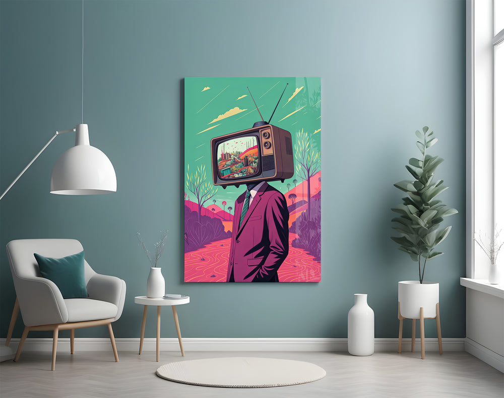 TV Head artwork styled in a designer's office interior