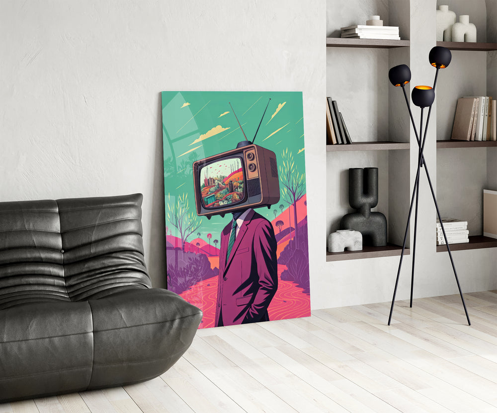 TV-head panel against a soft sand-painted accent wall