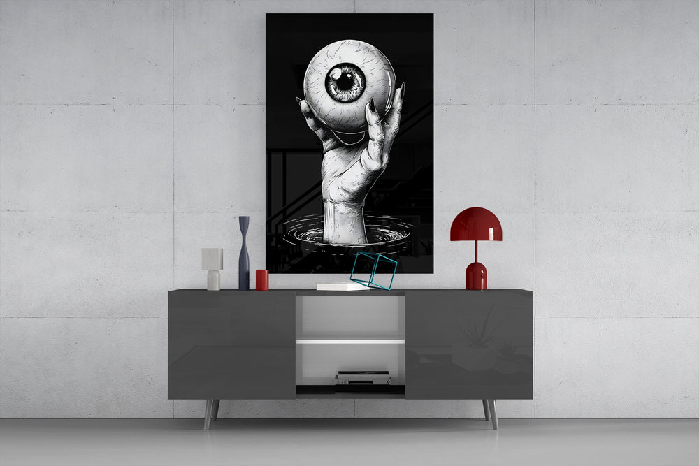 Eyes of the Abyss glass wall art catching light to reveal its inked hatching