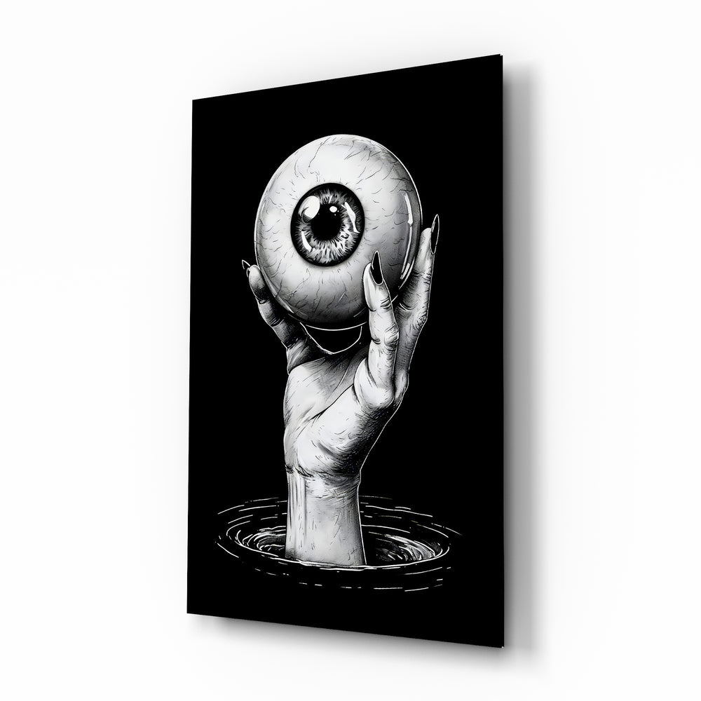 Eyes of the Abyss gothic illustration glass wall art in a modern study