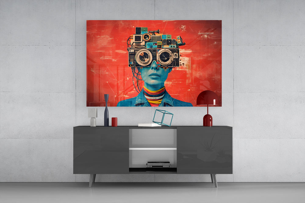 Cyberpunk collage glass wall art catching light to reveal its hand-cut texture