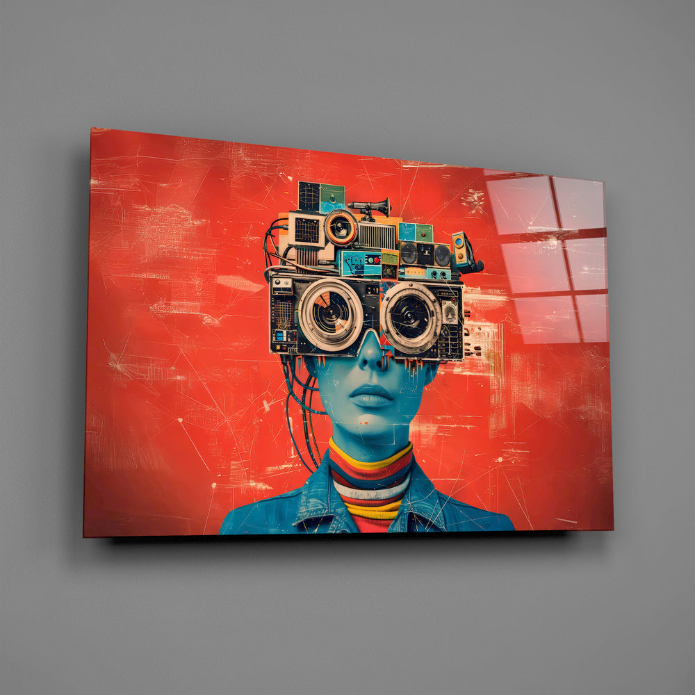 Retro-futurist portrait panel anchoring a recording studio wall