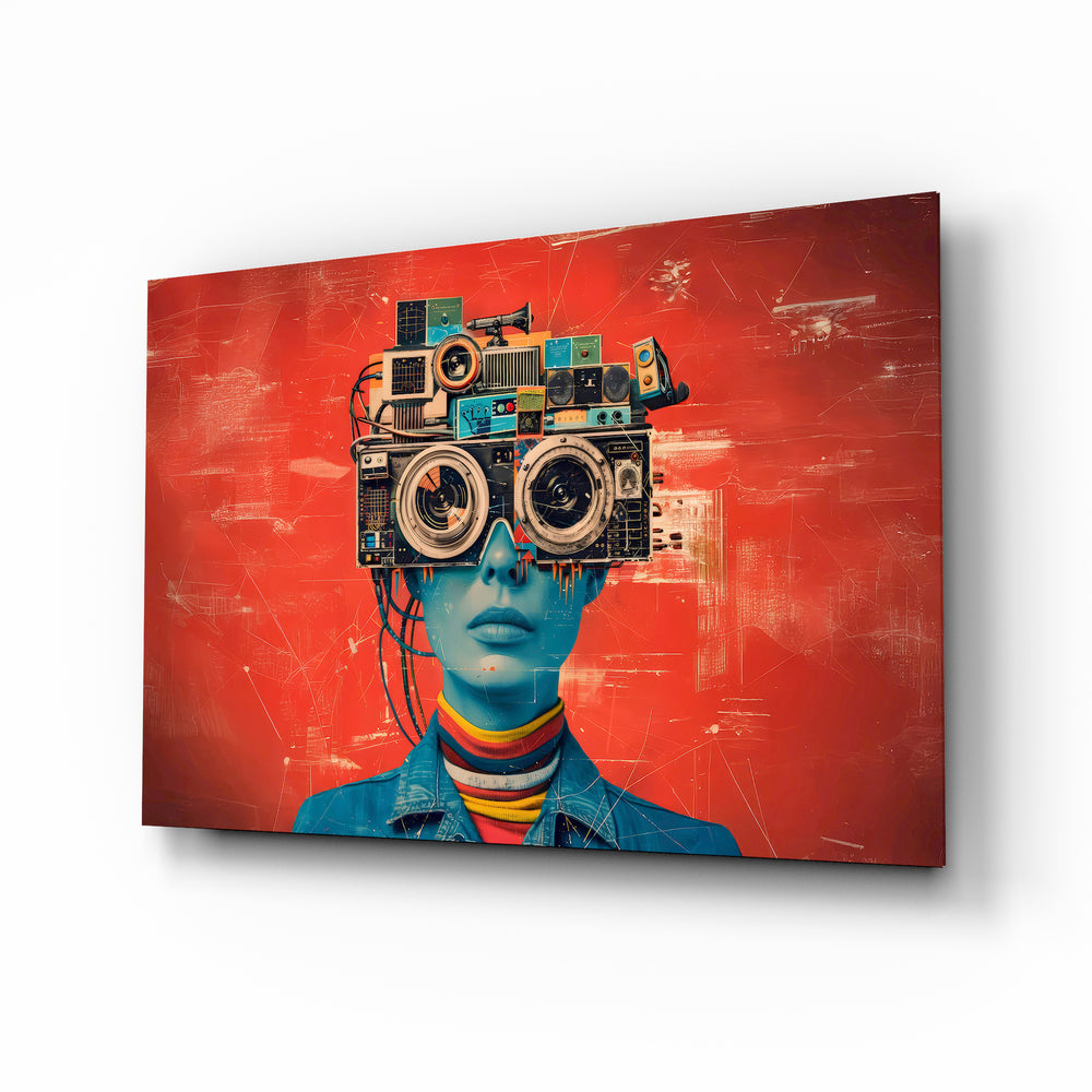 Cyberpunk headphones collage glass wall art in a modern music room