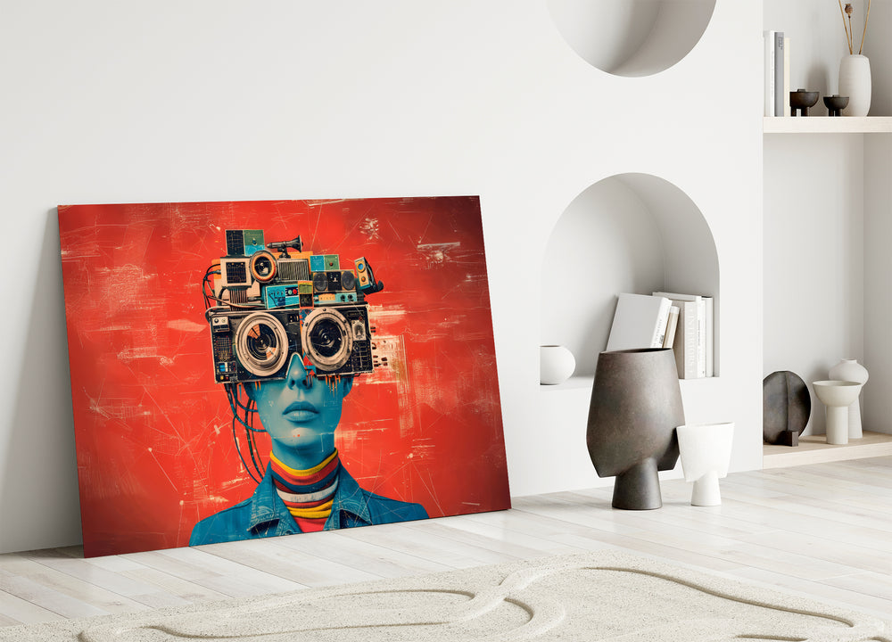 Collage glass print bringing dada edge to a designer's office