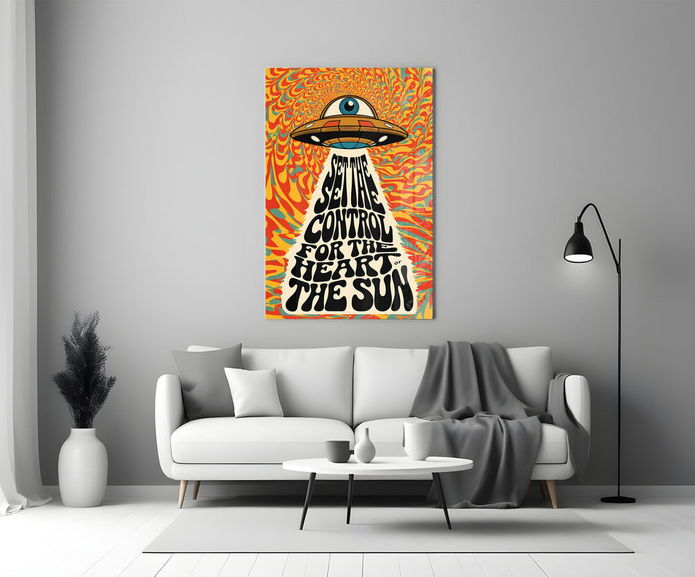 Vintage-poster glass print bringing rock soul to a cocktail bar