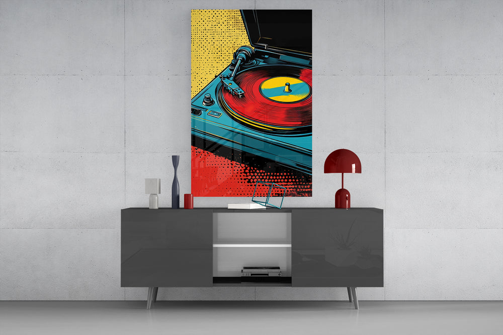 Pop turntable glass wall art catching light to reveal its halftone dots