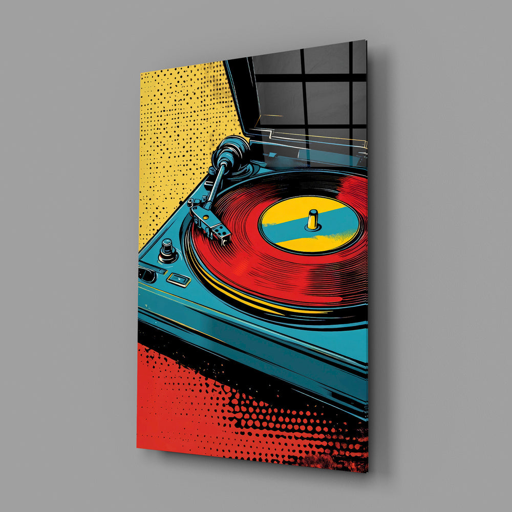 Lichtenstein-style vinyl panel anchoring a music studio wall