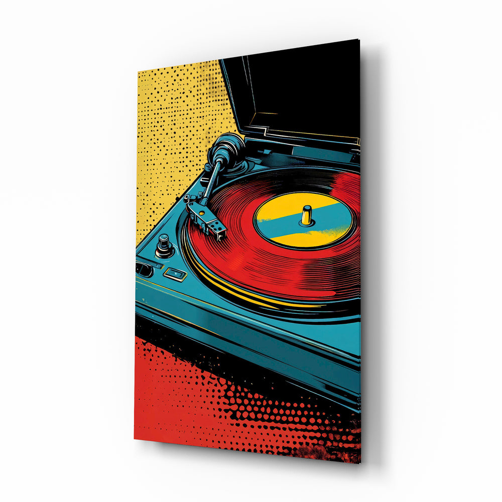 Pop turntable comic glass wall art in a modern listening room