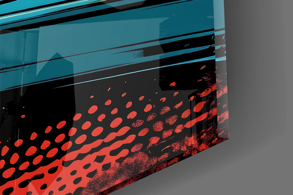 Close-up detail of the teal deck and scarlet vinyl behind glass