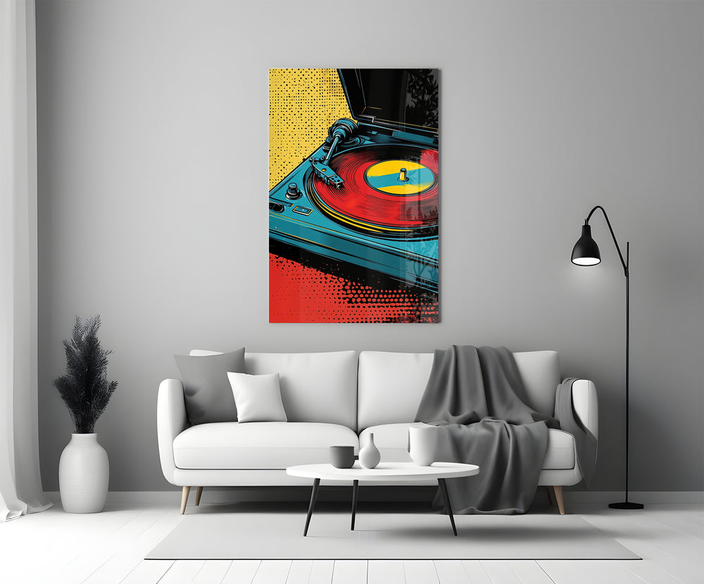 Pop-comic glass print bringing music edge to a record store