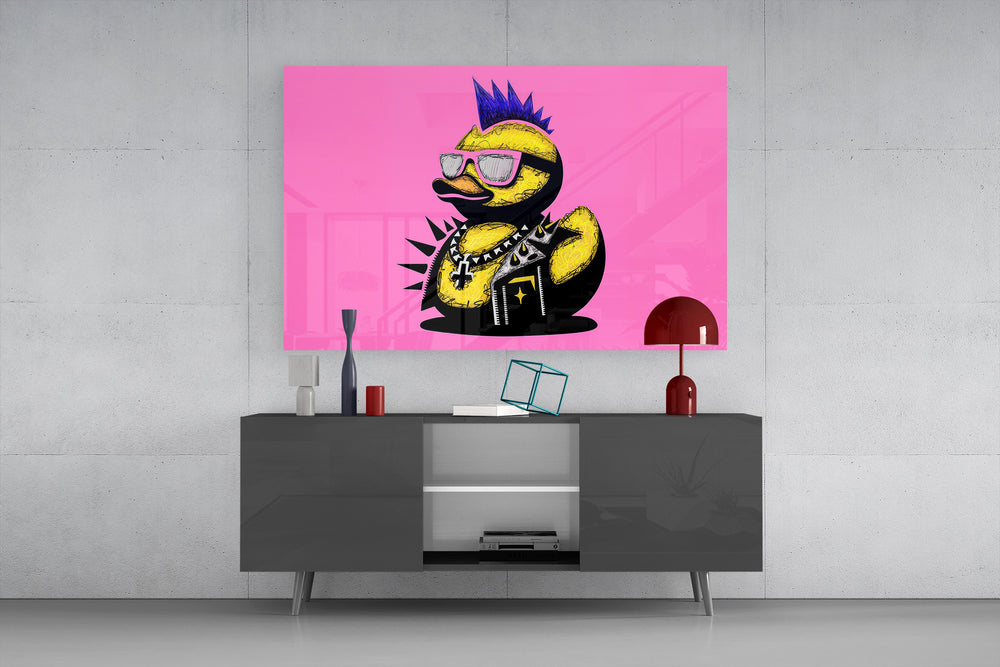 Punk Duck glass wall art catching light to reveal its marker-sketch lines