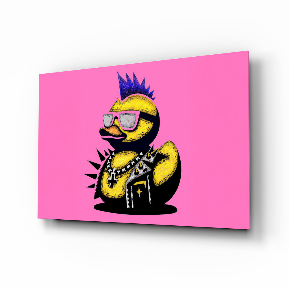 Punk Duck pop-illustration glass wall art in a modern teen's bedroom