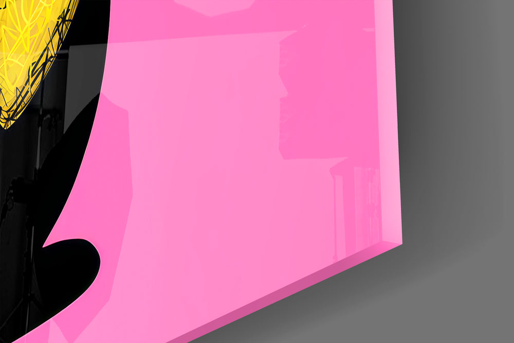 Close-up detail of the mohawk duck and pink frames behind glass