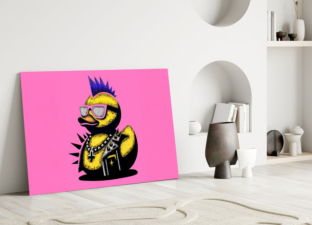 Pop-illustration glass print bringing wit to a tattoo parlor