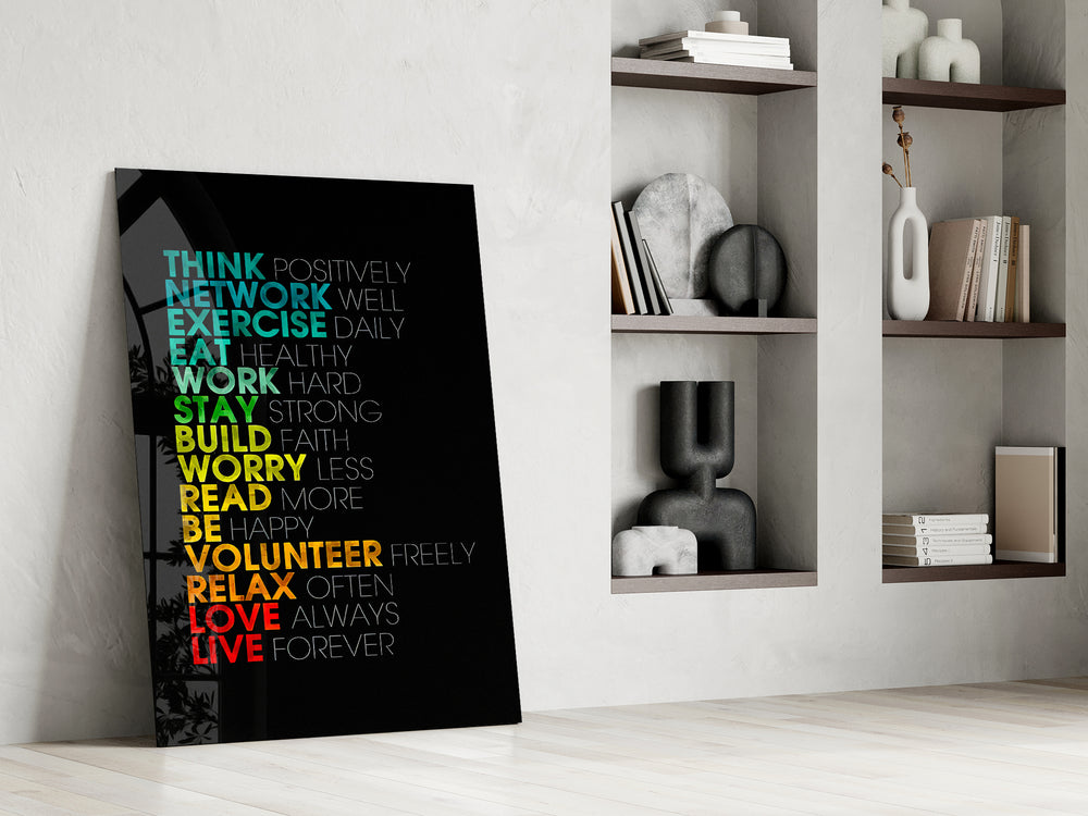 Typography artwork in a teen's bedroom with bright palette