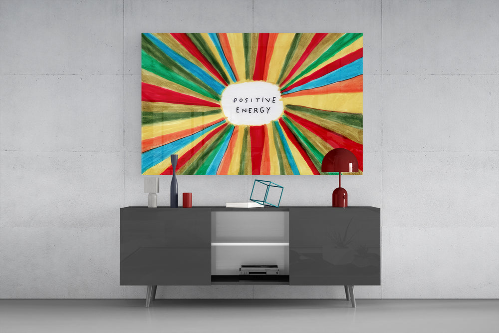 Positive Energy wide glass wall art catching light to reveal its painted brushwork
