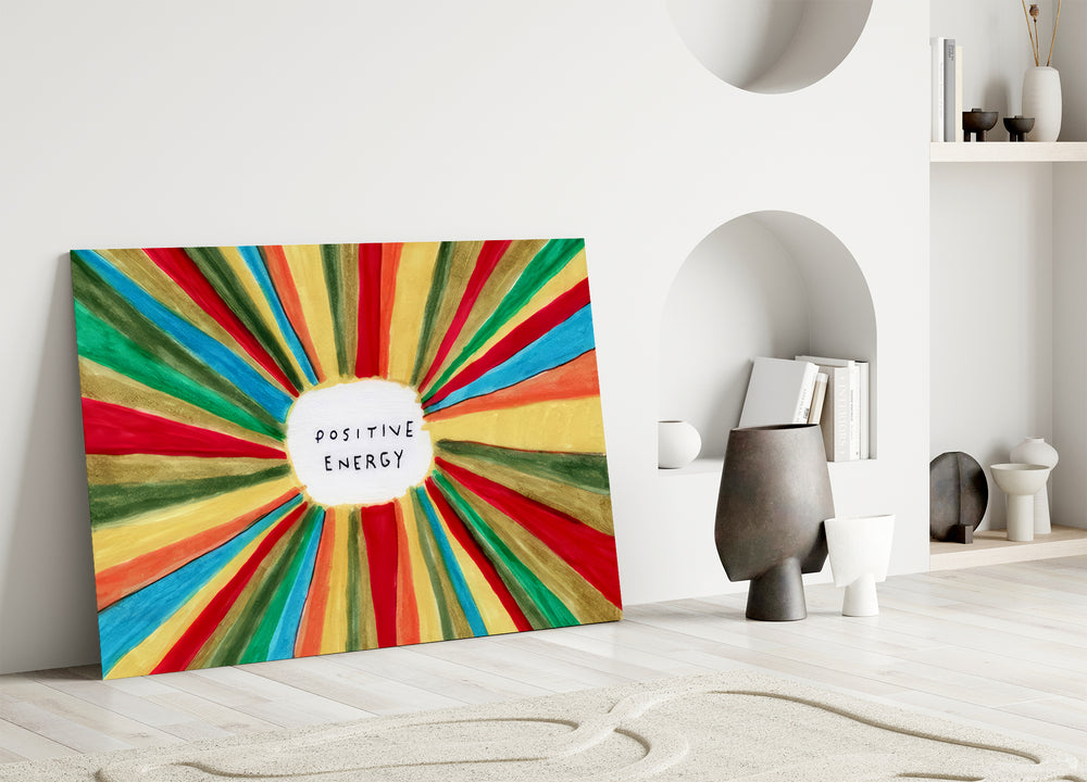 Sunburst glass print bringing joyful mantra over a dining table