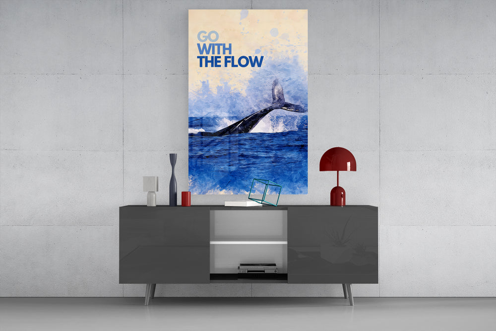Go With The Flow glass wall art catching light to reveal its painted spray