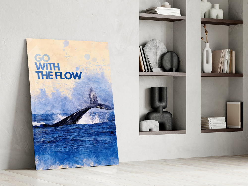 Whale tail artwork in a teen's bedroom with cool palette