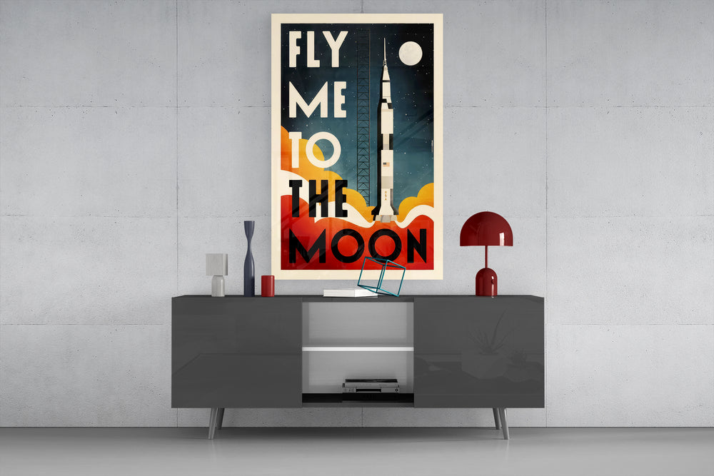 Fly Me to the Moon glass wall art catching light to reveal its poster palette