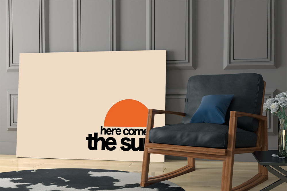 Sunrise minimalism artwork in a master bedroom with neutral palette