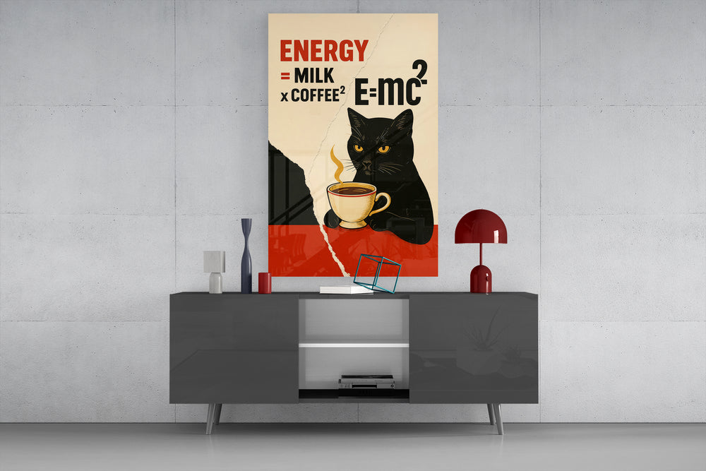 Coffee Cat Energy glass wall art catching light to reveal its torn-paper edge