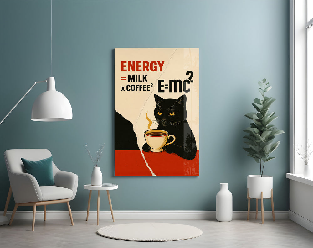 Coffee Cat artwork styled above a coffee bar counter