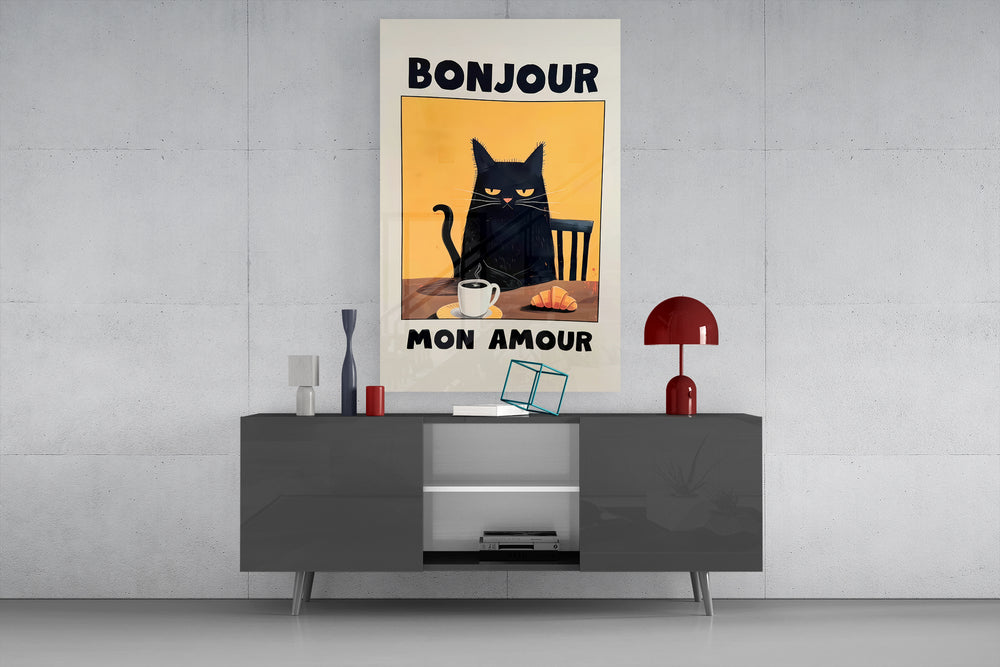 Bonjour Mon Amour glass wall art catching light to reveal its illustrated charm