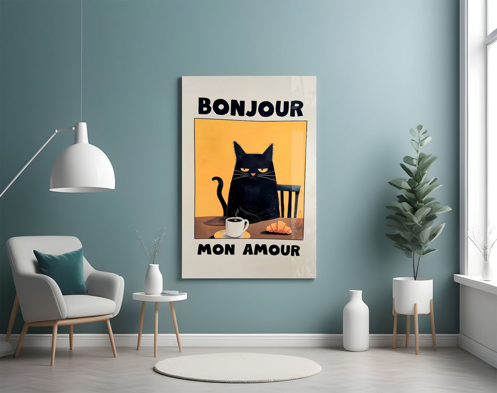 Bonjour Mon Amour artwork styled above a coffee bar counter