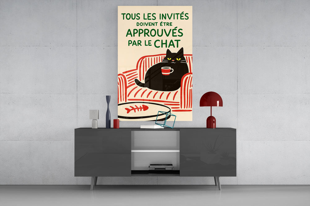 Approved By the Cat glass wall art catching light to reveal its illustrated charm