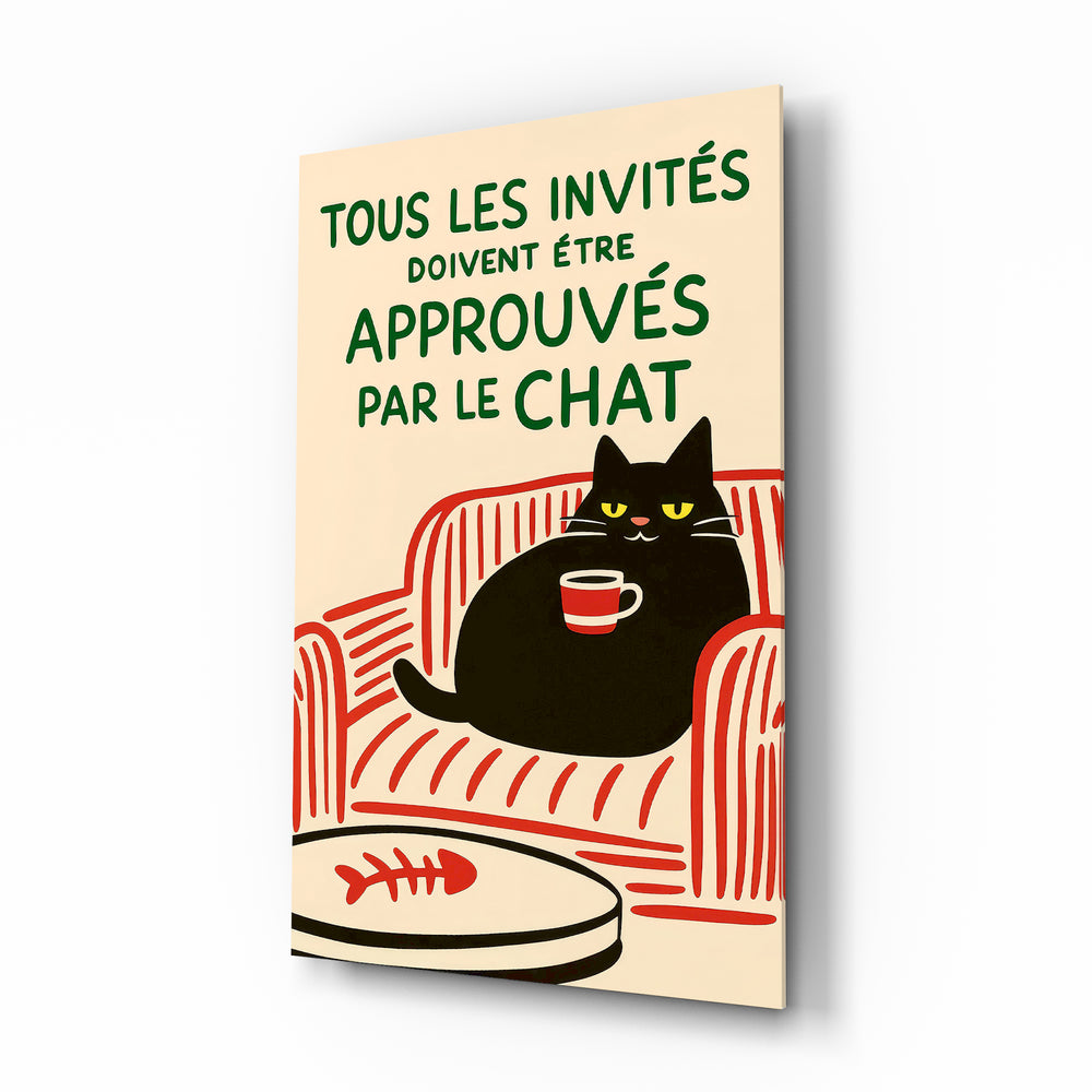 Approved By the Cat French poster glass wall art in a modern kitchen