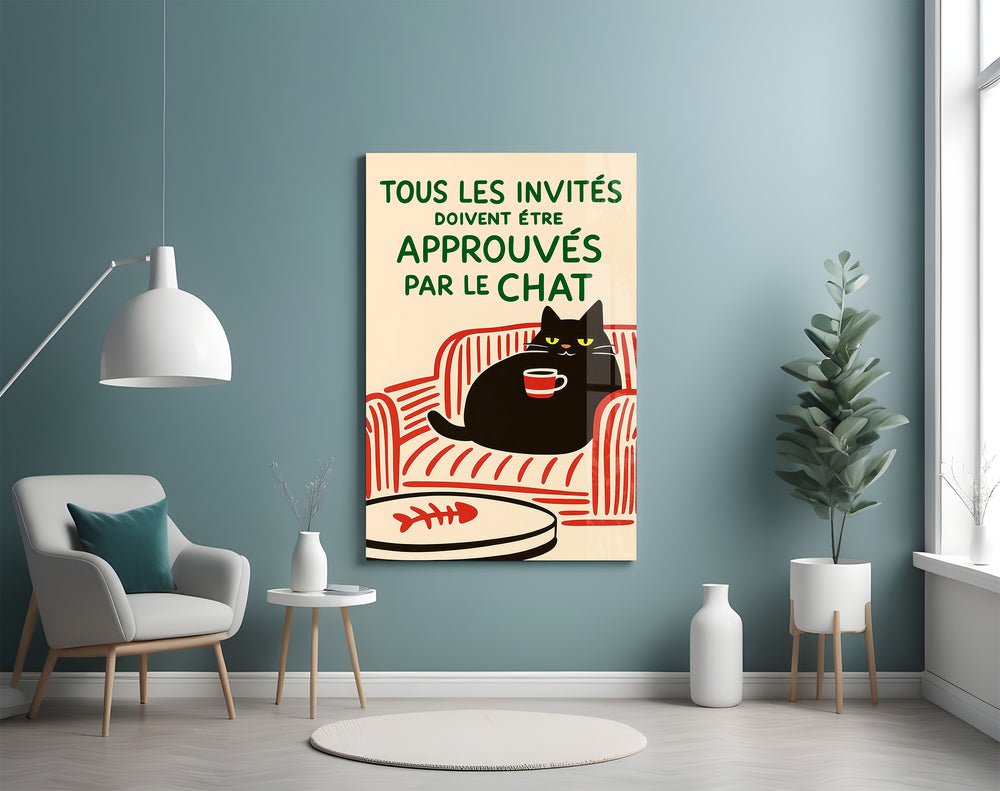 French cat-poster artwork styled in an entryway with warm palette
