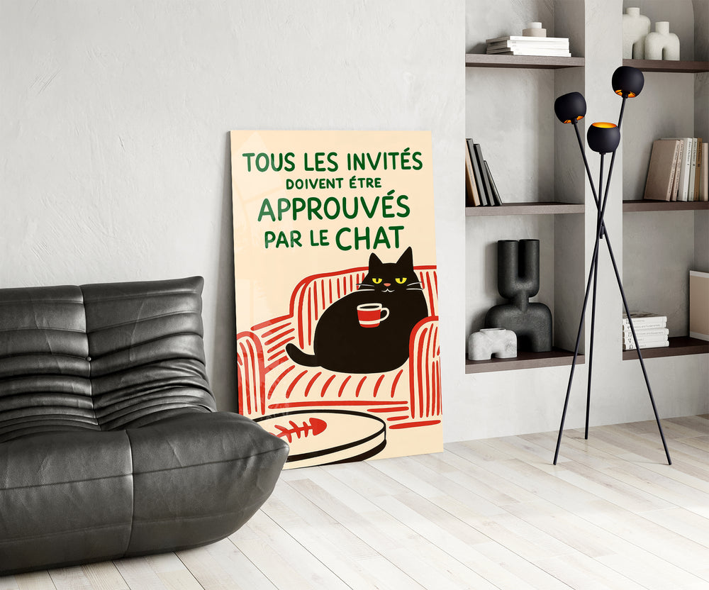 Cat illustration panel against a clean cream-painted accent wall
