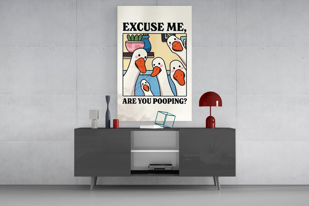 Excuse Me glass wall art catching light to reveal its cartoon line-work