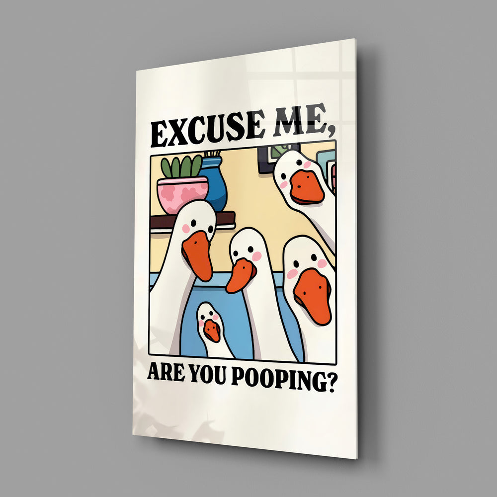 Absurd goose-cartoon panel anchoring a guest bathroom wall