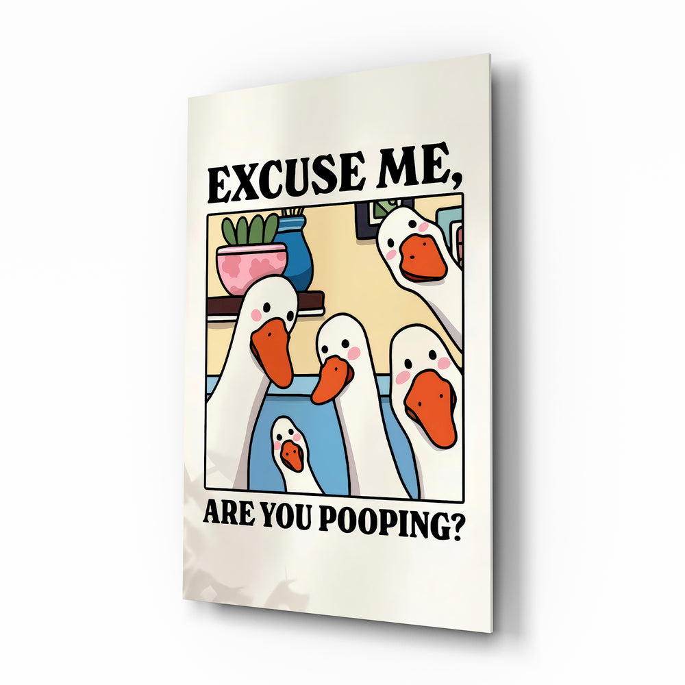 Excuse Me Are You Pooping cartoon glass wall art in a modern powder room