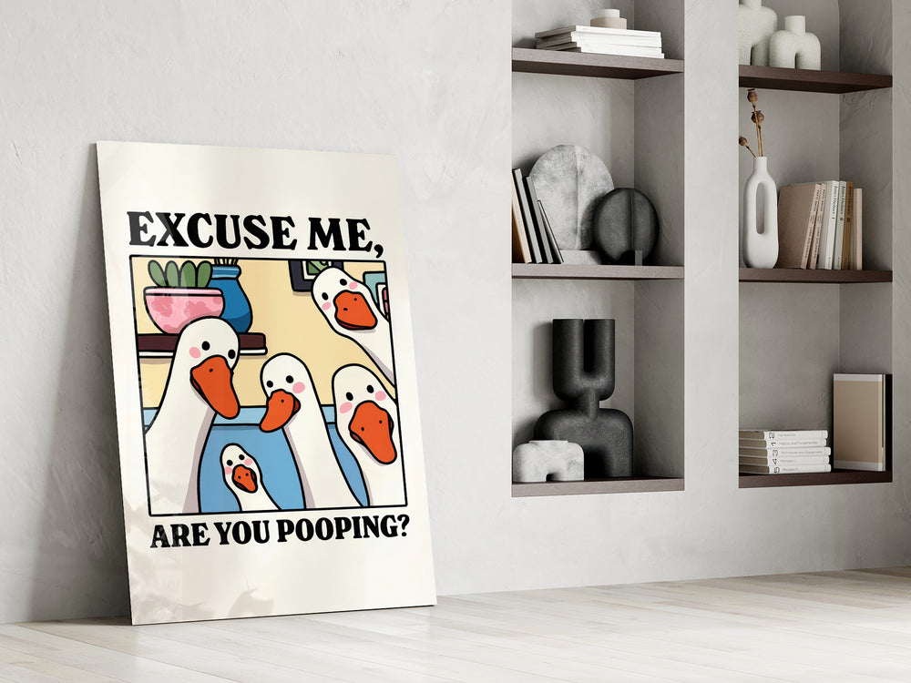 Goose-cartoon artwork in a creative office interior