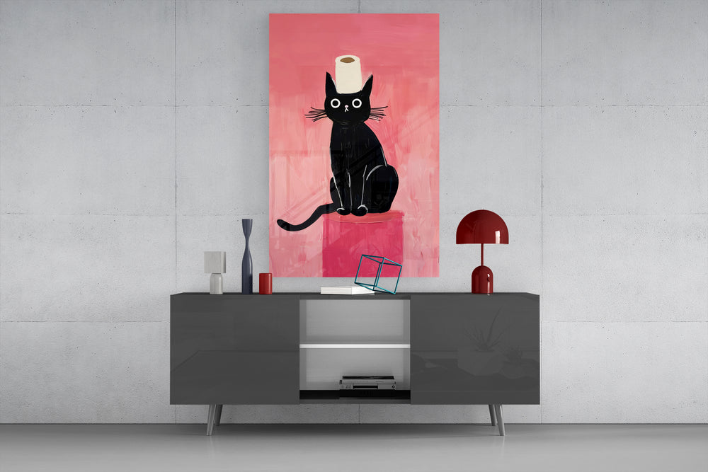 Black Cat toilet-paper glass wall art catching light to reveal its brushwork