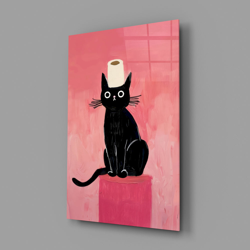 Painterly cat panel anchoring a guest bathroom wall