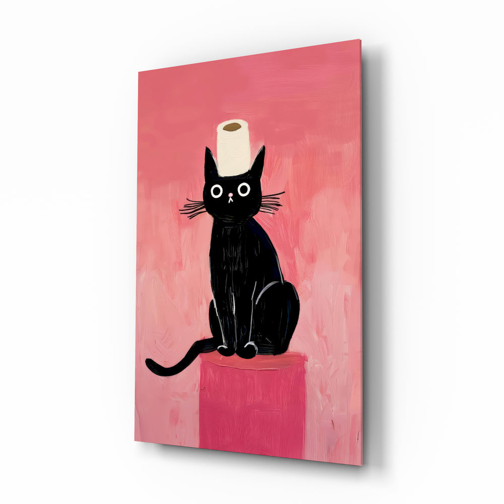 Black Cat toilet-paper portrait glass wall art in a modern powder room