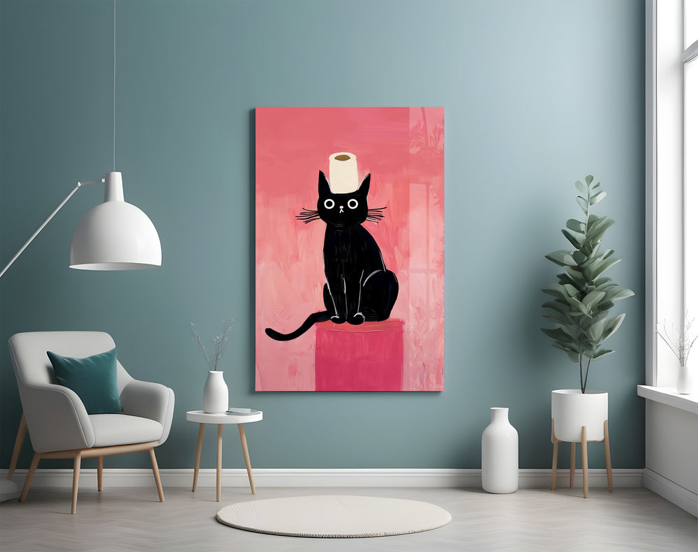 Absurd cat artwork styled in a kid's bedroom with playful accents
