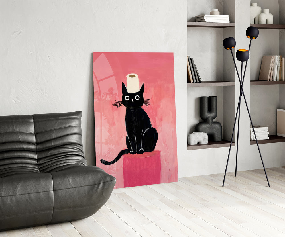 Cat portrait panel against a soft pink-painted accent wall