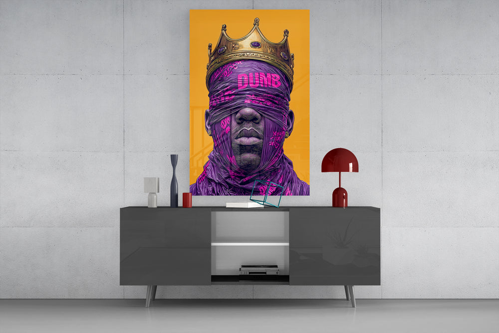 Royal Blindfolded King glass wall art catching light to reveal its stencil texture