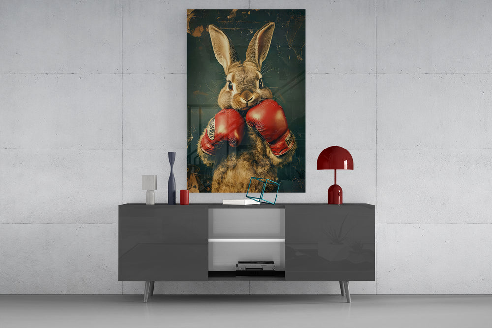 Boxing Bunny glass wall art catching light to reveal its oil-paint texture