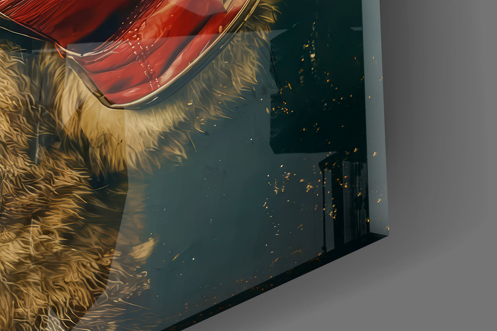 Close-up detail of the brown rabbit and scarlet boxing gloves behind glass