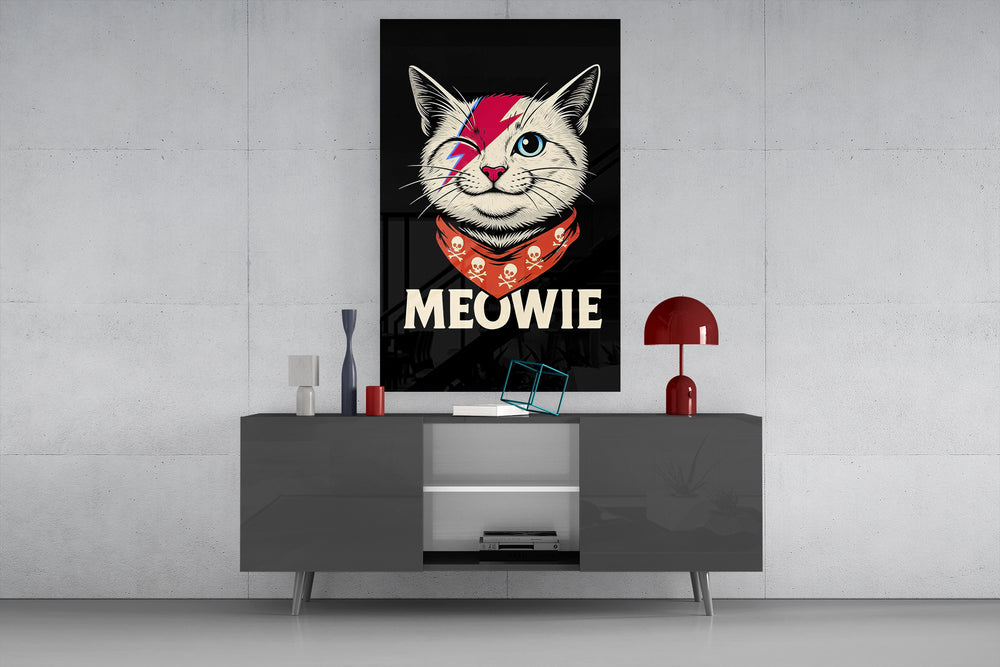 Meowie Bowie glass wall art catching light to reveal its illustrated detail