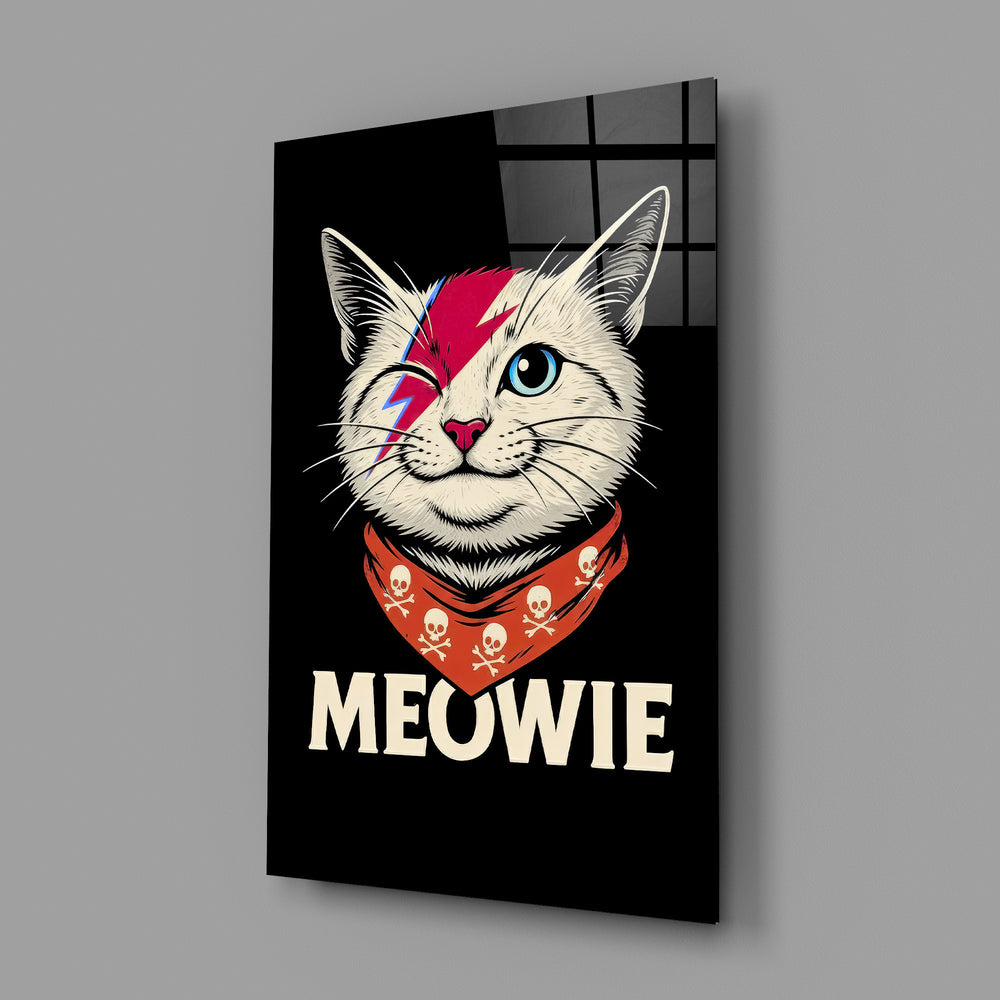 Glam-rock cat-tribute panel anchoring a record-listening lounge wall