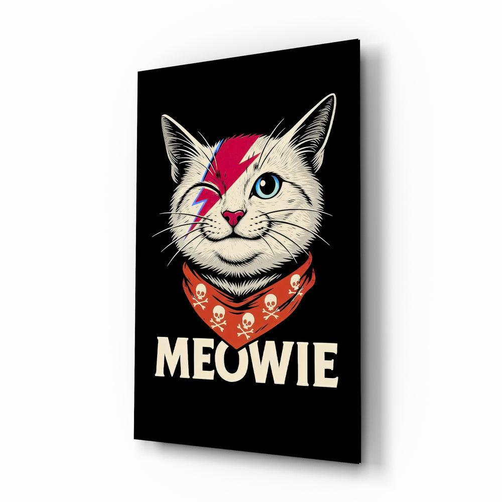 Meowie Bowie cat glass wall art in a modern music room